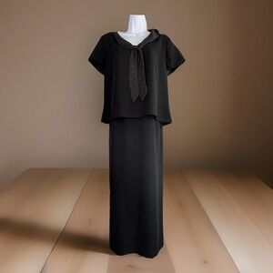 Vintage 80s Column Dress Black 16 Polka Dot Tie Neck Two Piece Minimalist Boxy